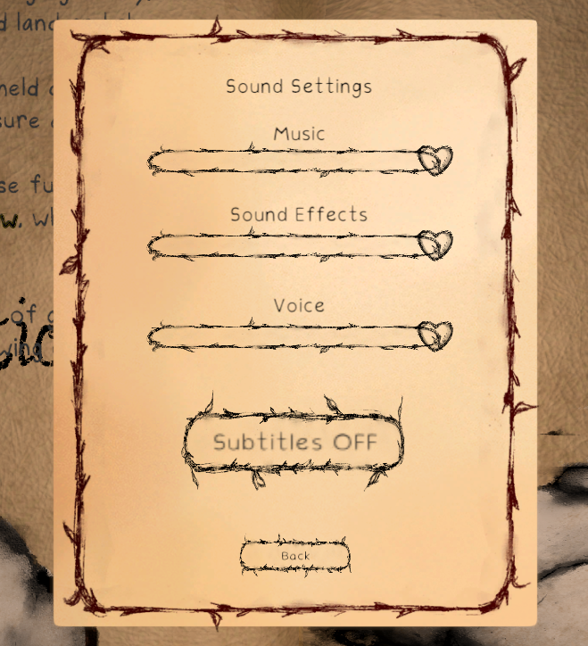 Screenshot of the Settings menu in The Lovers